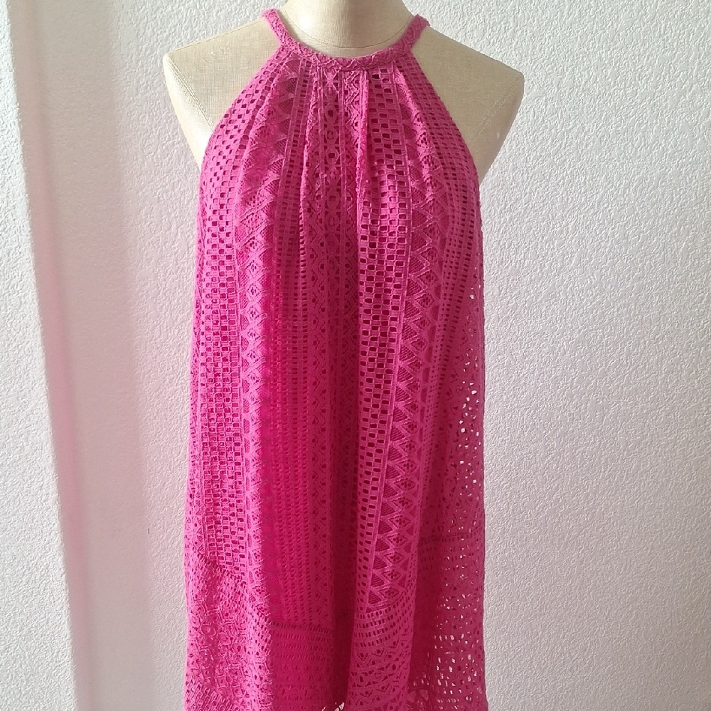 Pink Halter Neck Crochet Dress